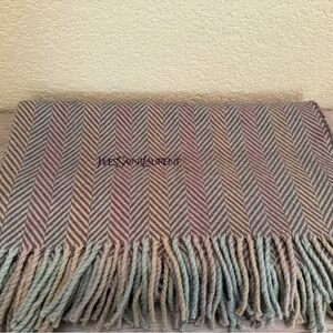 Yves Saint Laurent Wool Square Wrap Scarf Brown Taupe Gray Herringbone Fringe